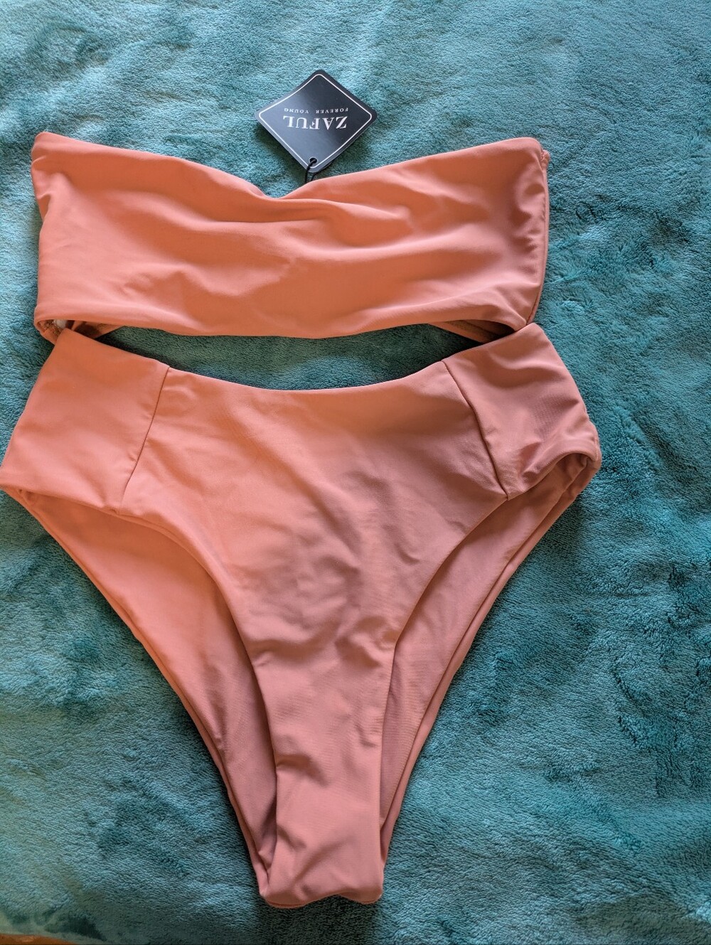 Zaful Coral-Peach Bandeau High-Waist Bikini Set